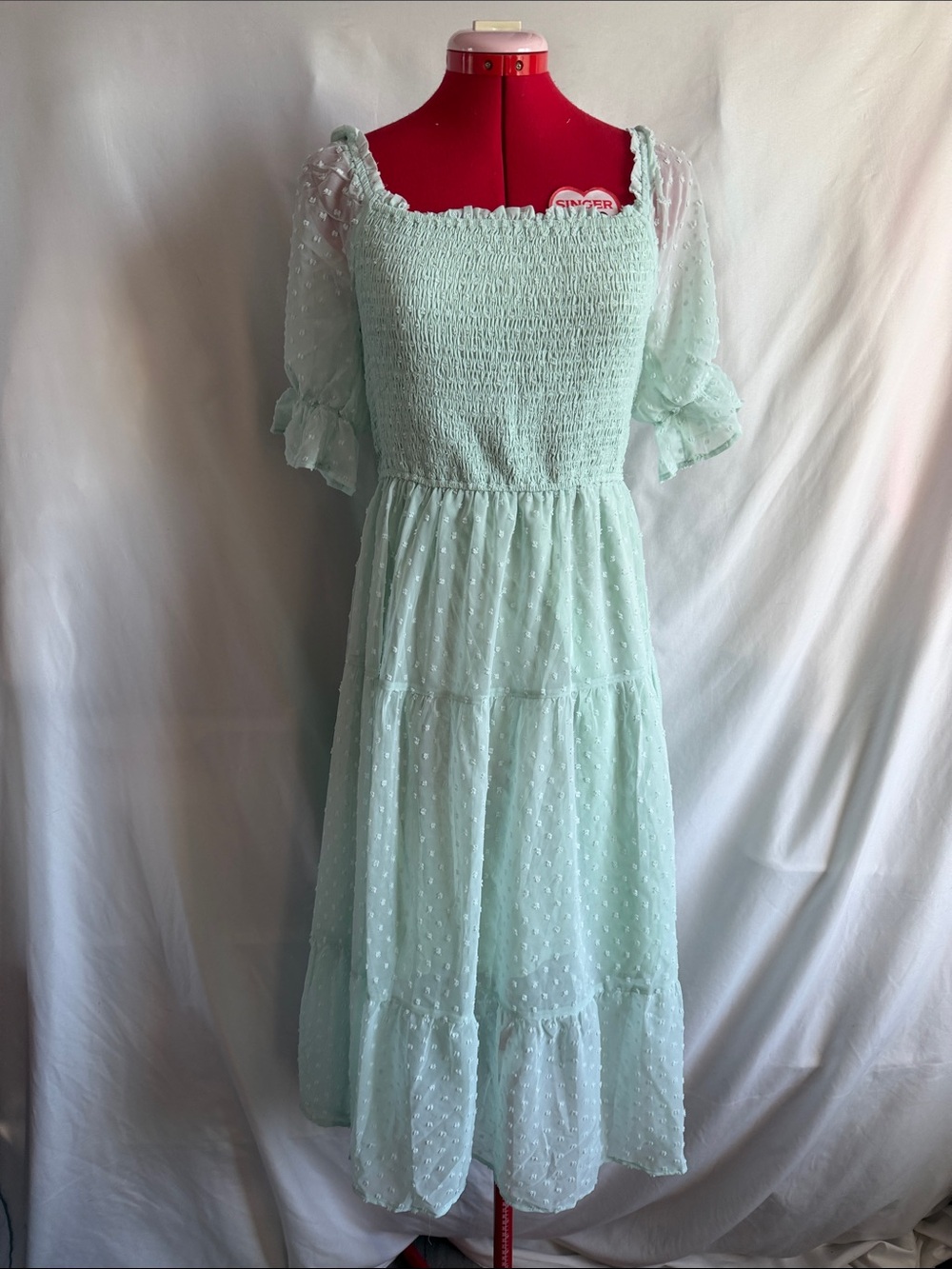 Smocked Swiss Dot Midi Dress in Light Mint MM335